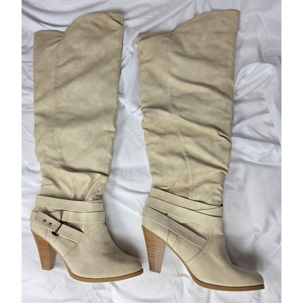 Rue21 Etc Wally Womens Size 10 XL Cream Tall Boots Buckle High Heel NWOB
